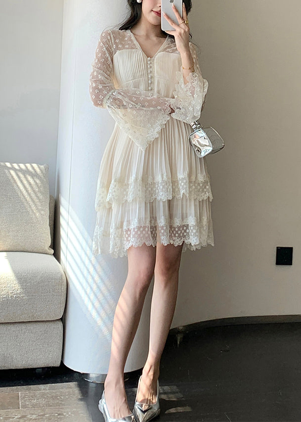 Stylish Beige V Neck Wrinkled Lace Chiffon Dress Flare Sleeve