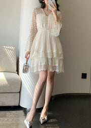 Stylish Beige V Neck Wrinkled Lace Chiffon Dress Flare Sleeve