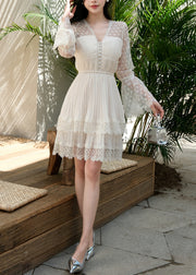 Stylish Beige V Neck Wrinkled Lace Chiffon Dress Flare Sleeve