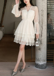 Stylish Beige V Neck Wrinkled Lace Chiffon Dress Flare Sleeve