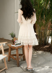Stylish Beige V Neck Wrinkled Lace Chiffon Dress Flare Sleeve