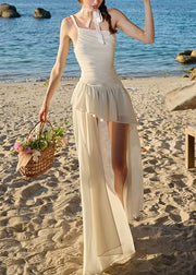 Stylish Beige Wrinkled Low High Design Chiffon Spaghetti Strap Dress Sleeveless
