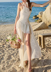 Stylish Beige Wrinkled Low High Design Chiffon Spaghetti Strap Dress Sleeveless