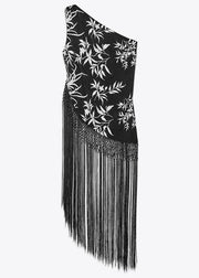 Stylish Black Asymmetrical Tasseled Cotton Tops Sleeveless