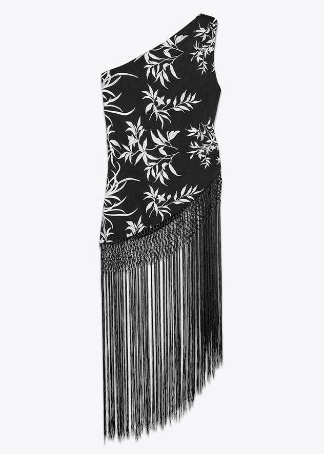 Stylish Black Asymmetrical Tasseled Cotton Tops Sleeveless