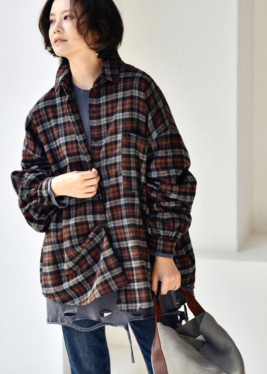 Stylish Black Chocolate Plaid Peter Pan Collar Low High Design Cotton Shirt Long Sleeve