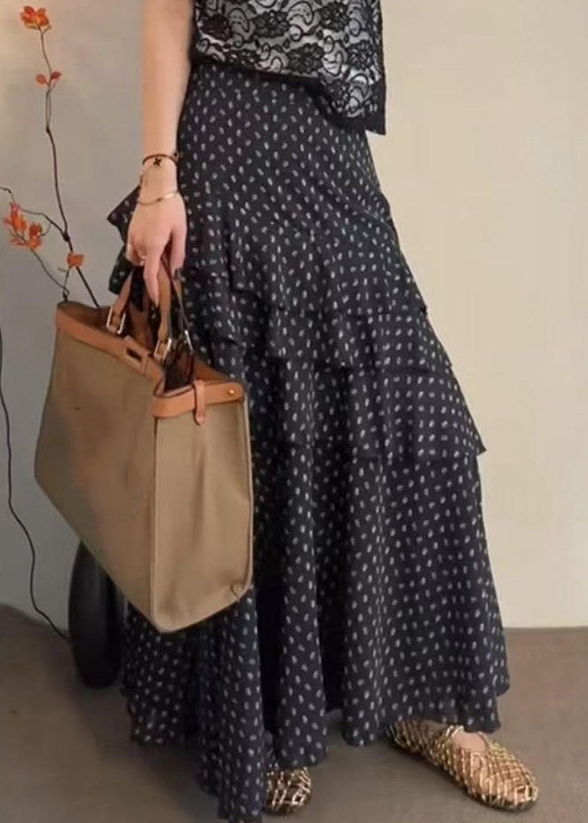 Stylish Black Dot Ruffled Chiffon Skirts Summer