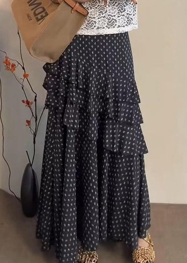 Stylish Black Dot Ruffled Chiffon Skirts Summer
