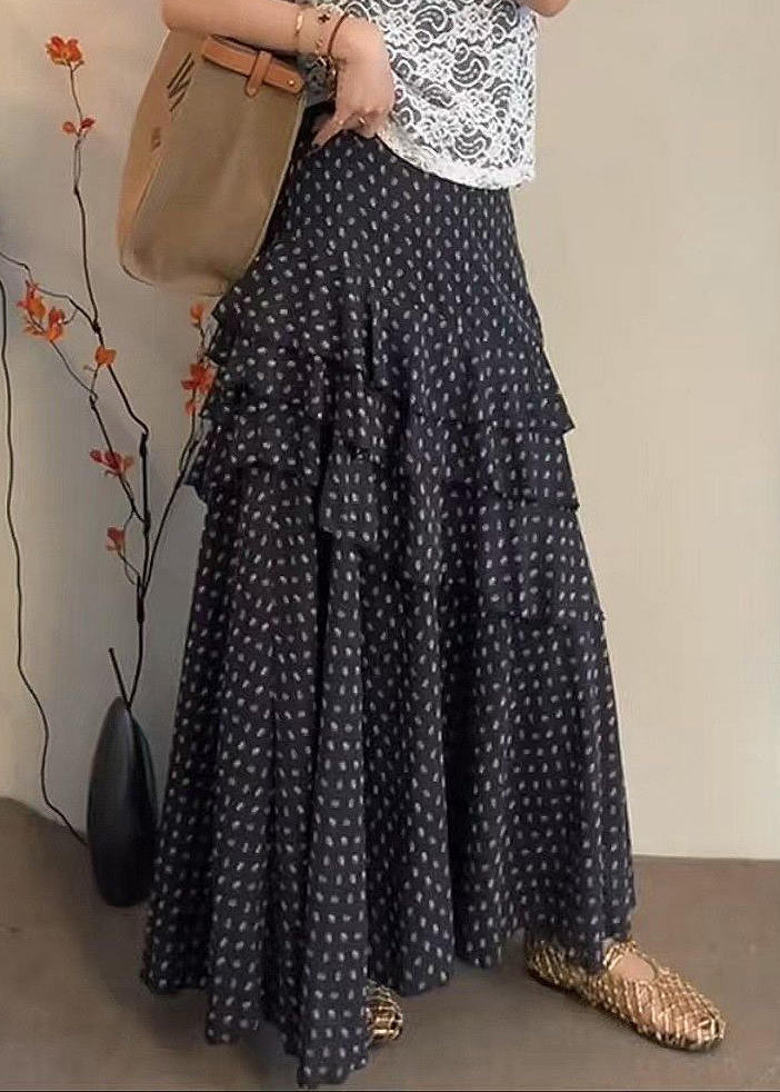 Stylish Black Dot Ruffled Chiffon Skirts Summer