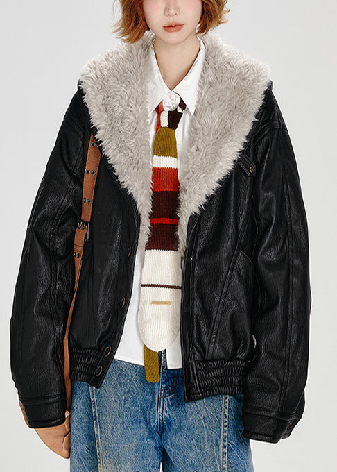 Stylish Black Faux Fur Collar Fine Cotton Filled Faux Leather Coats Winter