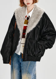 Stylish Black Faux Fur Collar Fine Cotton Filled Faux Leather Coats Winter