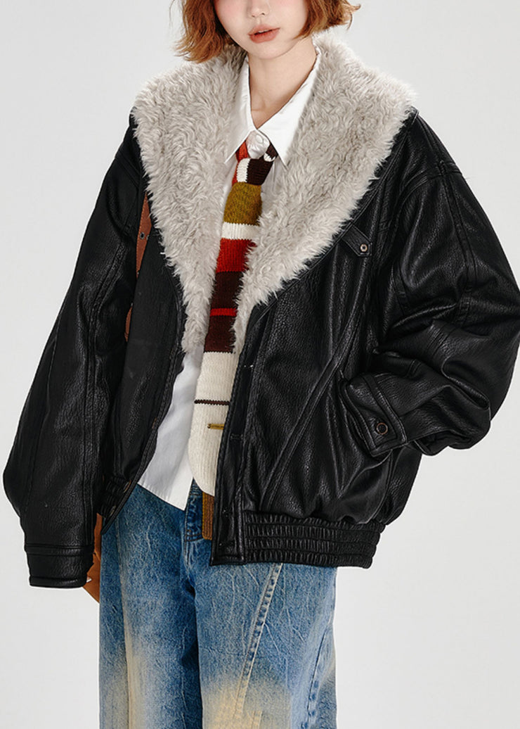 Stylish Black Faux Fur Collar Fine Cotton Filled Faux Leather Coats Winter