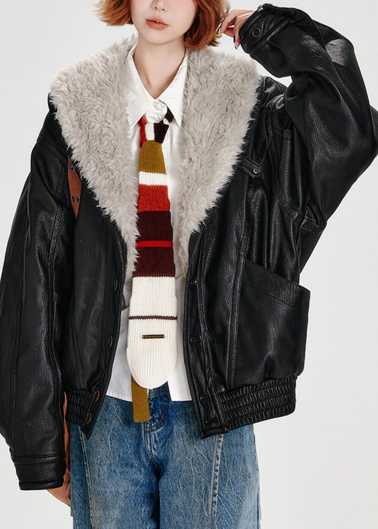 Stylish Black Faux Fur Collar Fine Cotton Filled Faux Leather Coats Winter