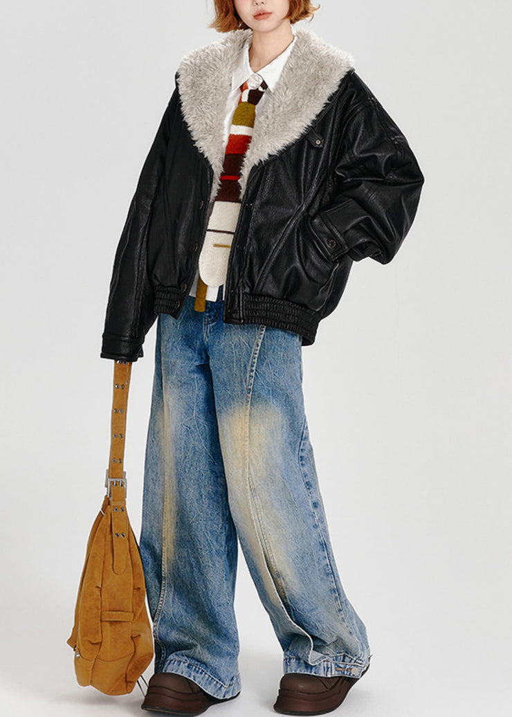 Stylish Black Faux Fur Collar Fine Cotton Filled Faux Leather Coats Winter