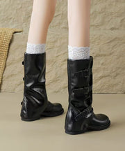 Stylish Black Faux Leather Splicing Chunky Boots