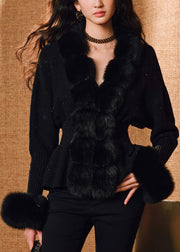 Stylish Black Fox Fur Patchwork Wool Knit Cardigan Winter