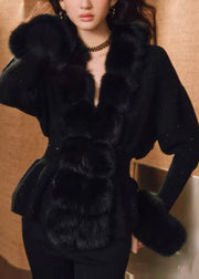 Stylish Black Fox Fur Patchwork Wool Knit Cardigan Winter