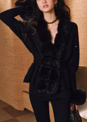 Stylish Black Fox Fur Patchwork Wool Knit Cardigan Winter