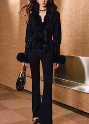 Stylish Black Fox Fur Patchwork Wool Knit Cardigan Winter