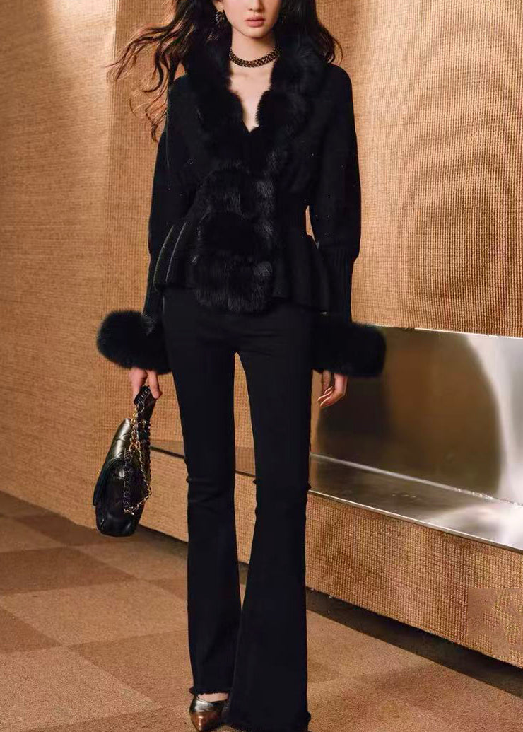 Stylish Black Fox Fur Patchwork Wool Knit Cardigan Winter
