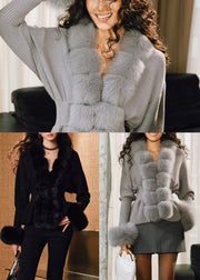 Stylish Black Fox Fur Patchwork Wool Knit Cardigan Winter