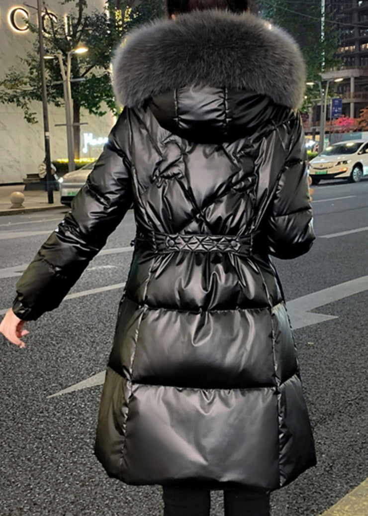 Stylish Black Fur Collar Pockets Duck Down Hooded Coat Winter