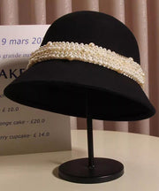 Stylish Black Handmade Nail Bead Woolen Bucket Hat