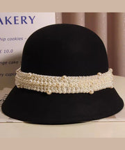 Stylish Black Handmade Nail Bead Woolen Bucket Hat