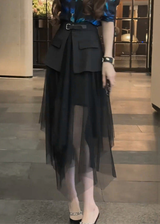 Stylish Black High Waist Tulle Patchwork Skirt Summer