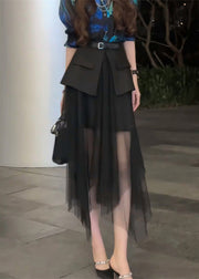 Stylish Black High Waist Tulle Patchwork Skirt Summer