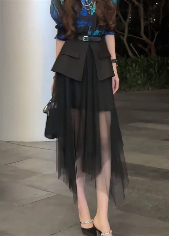 Stylish Black High Waist Tulle Patchwork Skirt Summer