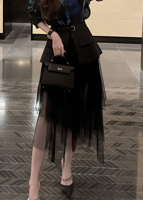Stylish Black High Waist Tulle Patchwork Skirt Summer