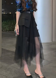 Stylish Black High Waist Tulle Patchwork Skirt Summer
