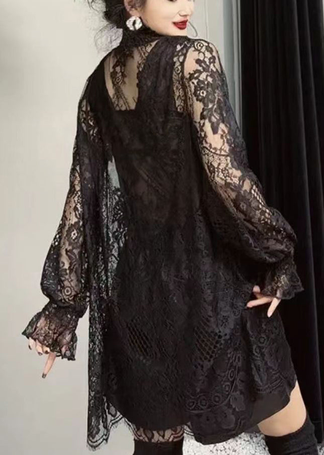 Stylish Black Hollow Out Patchwork Lace Top Fall