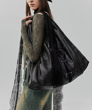 Stylish Black Lace Large Capacity Faux Leather Satchel Handbag