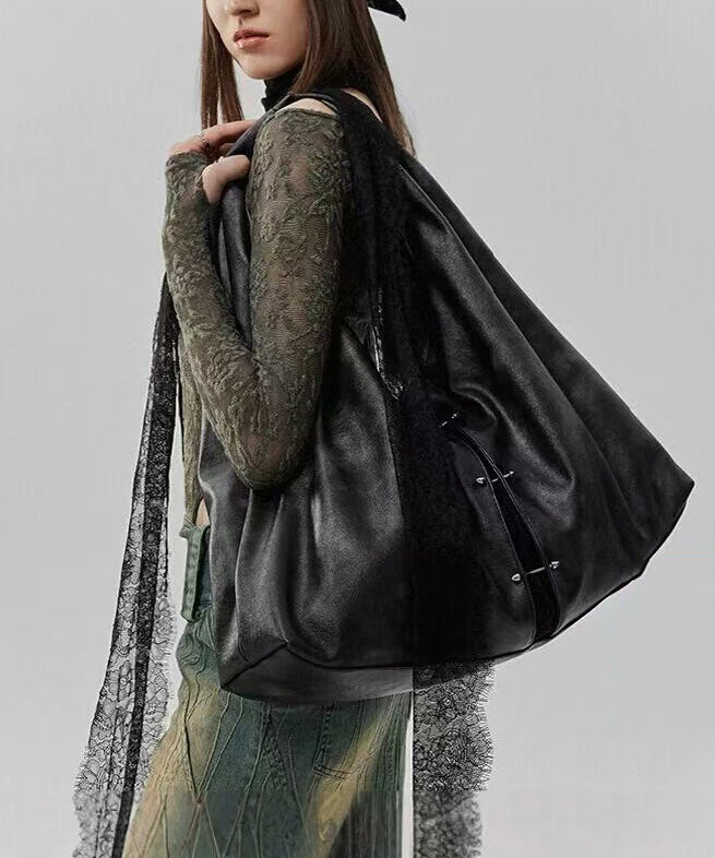 Stylish Black Lace Large Capacity Faux Leather Satchel Handbag