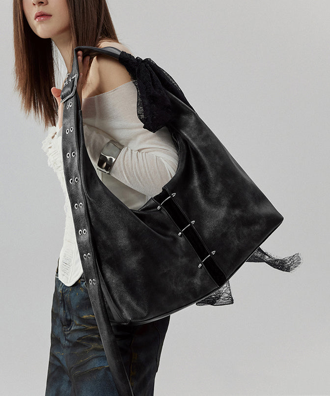 Stylish Black Lace Large Capacity Faux Leather Satchel Handbag