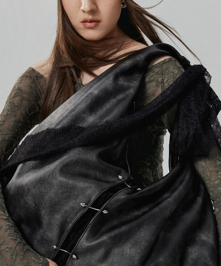 Stylish Black Lace Large Capacity Faux Leather Satchel Handbag