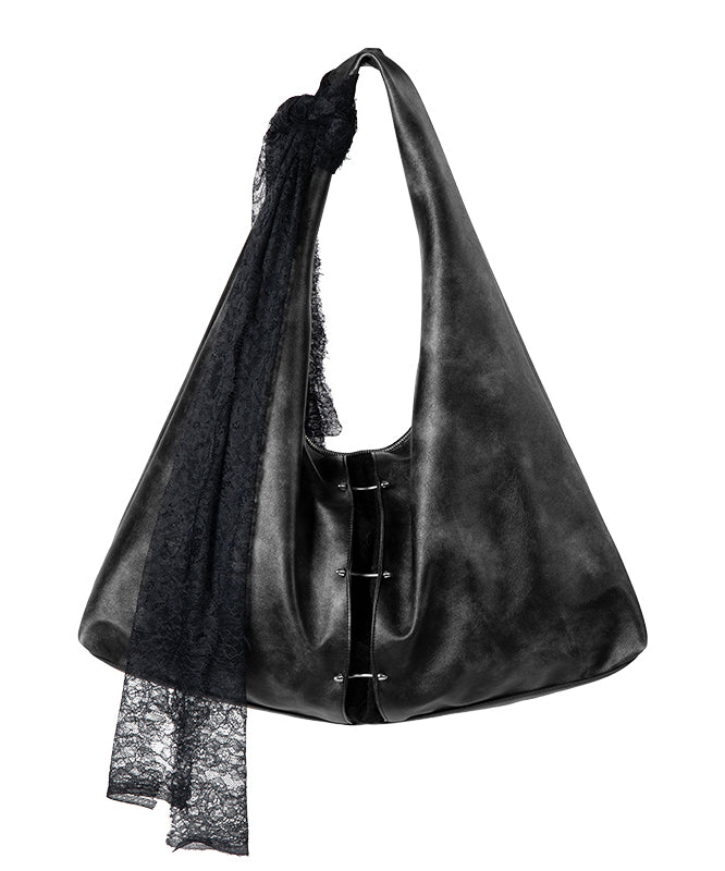 Stylish Black Lace Large Capacity Faux Leather Satchel Handbag