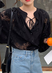Stylish Black Lace Up Hollow Out Lace Blouse Fall