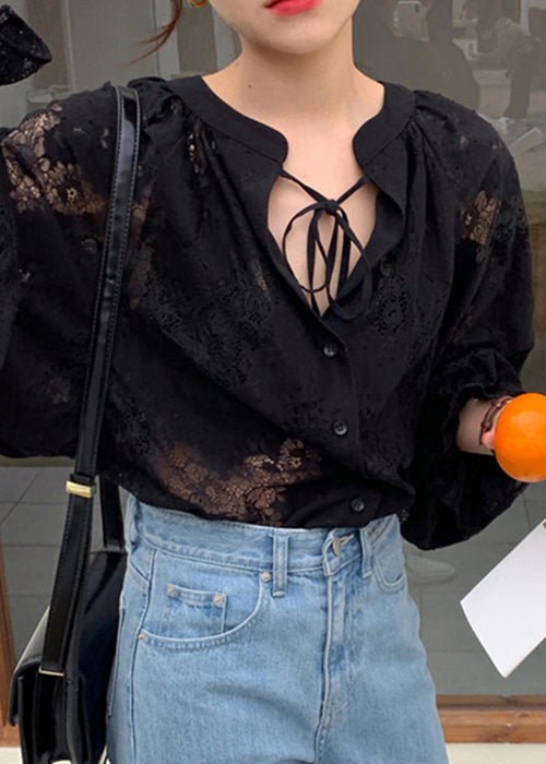 Stylish Black Lace Up Hollow Out Lace Blouse Fall