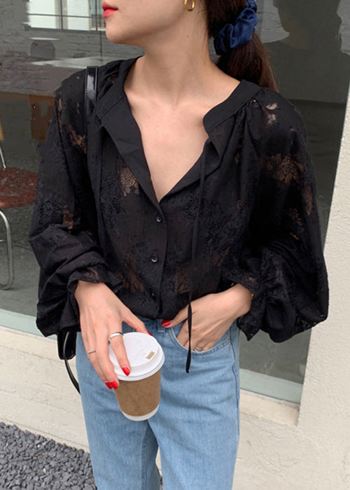 Stylish Black Lace Up Hollow Out Lace Blouse Fall