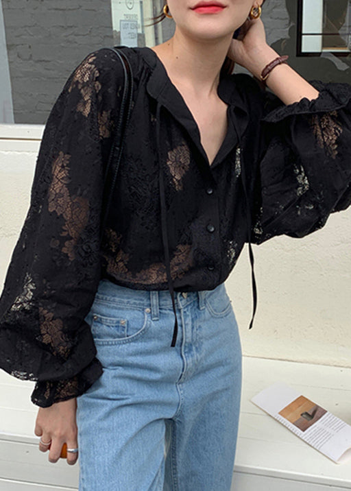 Stylish Black Lace Up Hollow Out Lace Blouse Fall