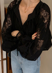 Stylish Black Lace Up Hollow Out Lace Blouse Fall