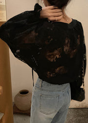Stylish Black Lace Up Hollow Out Lace Blouse Fall