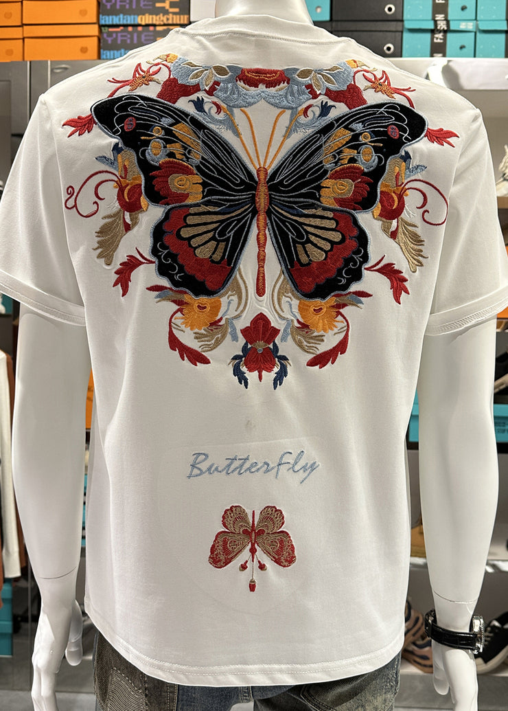 Stylish Black O-Neck Embroideried Mens T Shirt Summer