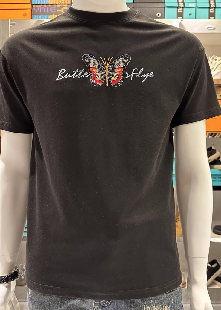Stylish Black O-Neck Embroideried Mens T Shirt Summer