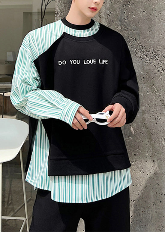 Stylish Black O Neck Patchwork False Two Pieces Cotton Men T Shirt Spring
