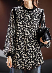 Stylish Black O Neck Print Chiffon Blouse Fall