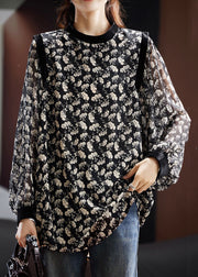 Stylish Black O Neck Print Chiffon Blouse Fall